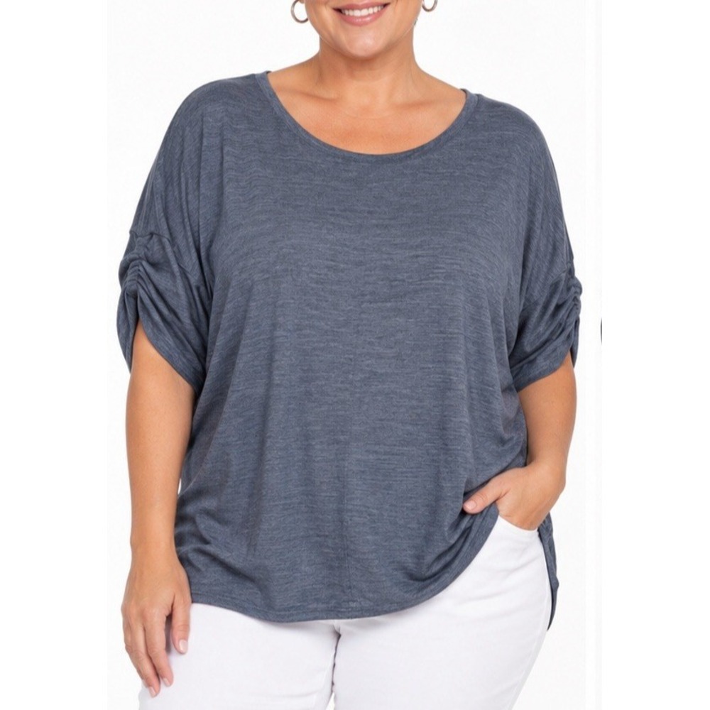 Max Studio 1X Boho Textured Knit Top w/ Tie Short Sleeve Denim Color